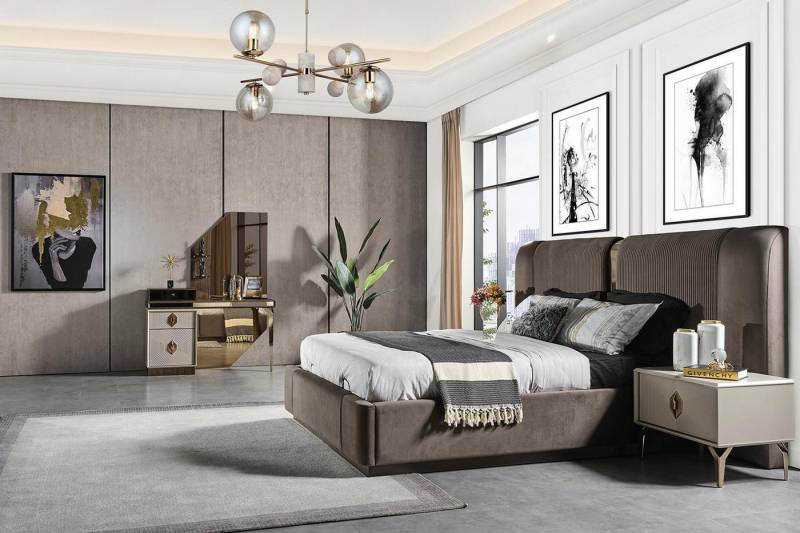 JVmoebel Schlafzimmer-Set Schlafzimmergarnitur Designer Bett 2x Nachttische Schminktisch, (5-tlg., Bett, 2x Nachttische, Schminktisch mit Spiegel), Made in Europa von JVmoebel