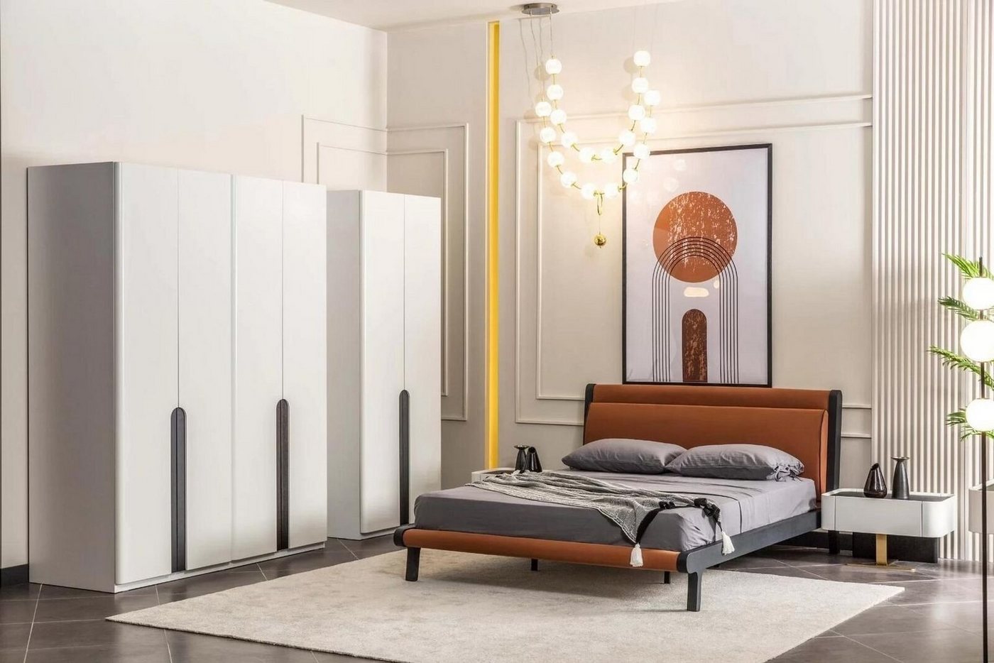 JVmoebel Schlafzimmer-Set Schlafzimmermöbel Doppelbett Bett Nachttische Orange Schranke Set 5tlg, (5-St., 1x Bett + 2x Nachttische + 2x Kleiderschrank), Made in Europa von JVmoebel