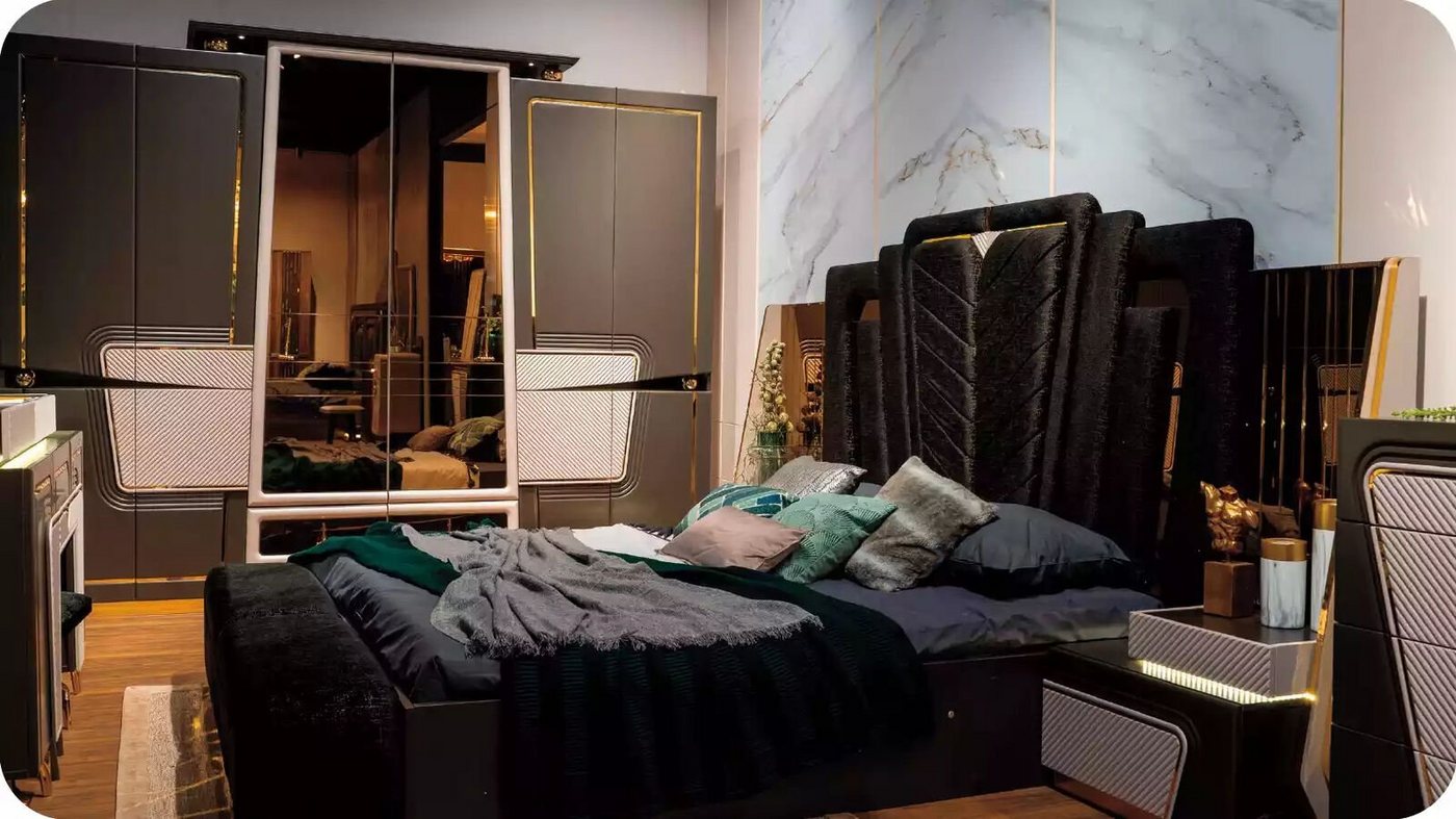 JVmoebel Schlafzimmer-Set Schlafzimmermöbel Garnitur Luxus Doppelbett Bett Set Schwarz Betten, (5-St., Bett/2x Nachttische/Kleiderschrank/Bank), Made in Europa von JVmoebel
