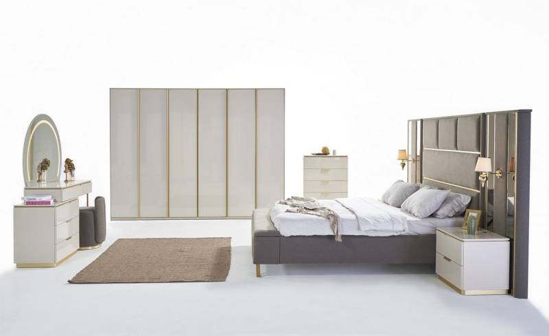 JVmoebel Schlafzimmer-Set Schlafzimmermöbel Set Beige und Gold – 7-teiliges Ensemble, Made in Europa JVmoebel Schlafzimmer-Set Schlafzimmermöbel Set Beige und Gold – 7-teiliges Ensemble, Made in Europa von JVmoebel
