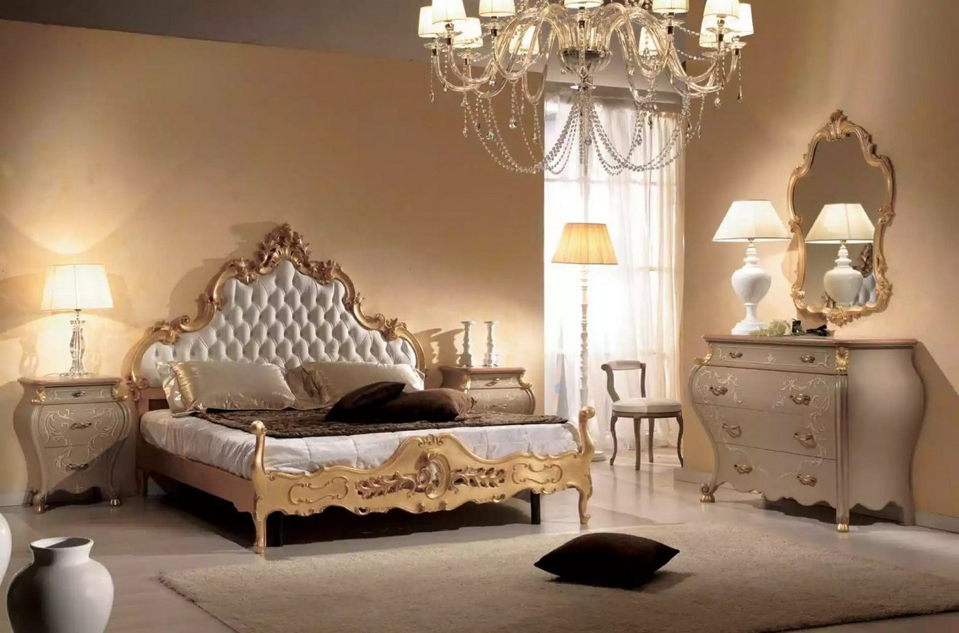 JVmoebel Schlafzimmer-Set Schlafzimmermöbel Set mit Bett, Nachttischen, Kommode und Spiegel, (5-tlg., Nur Bett + 2x Nachttische + Kommode + Spiegel), Made in Europa von JVmoebel