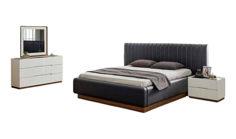 JVmoebel Schlafzimmer-Set Schwarz-Weiße Schlafzimmer Garnitur Edles Bett 2x Nachttische Kommode, (4-tlg., 4 tlg.Schlafzimmer Set (Bett + 2x Nachttische + Kommode mit Spiegel), Made in Europa von JVmoebel