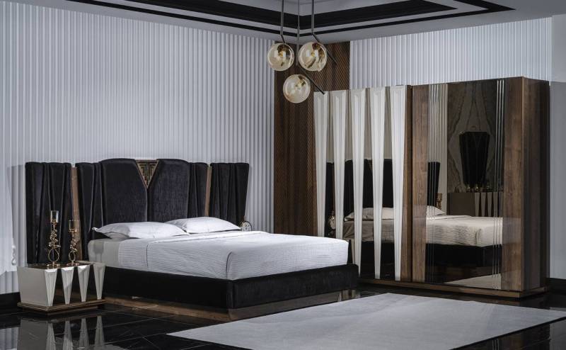 JVmoebel Schlafzimmer-Set Schwarzes Schlafzimmer-Set aus Holz mit modernem Design, (4-tlg., Bett + 2x Nachttische + Kleiderschrank), Made in Europe von JVmoebel