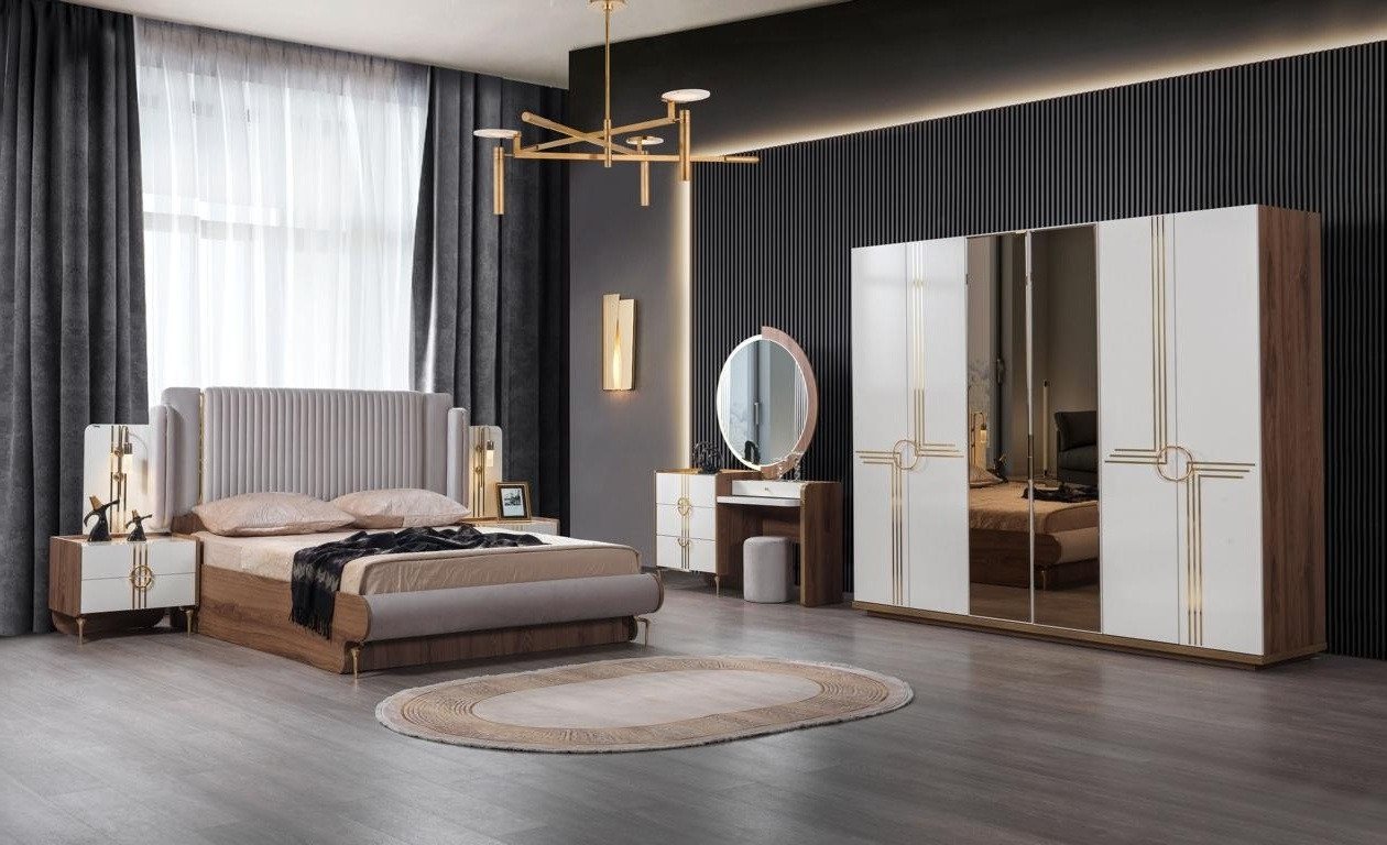 JVmoebel Schlafzimmer-Set Set Bett 2x Nachttisch Kleiderschrank Design Luxus 5tlg Neu, (5-tlg), Made in Europa von JVmoebel