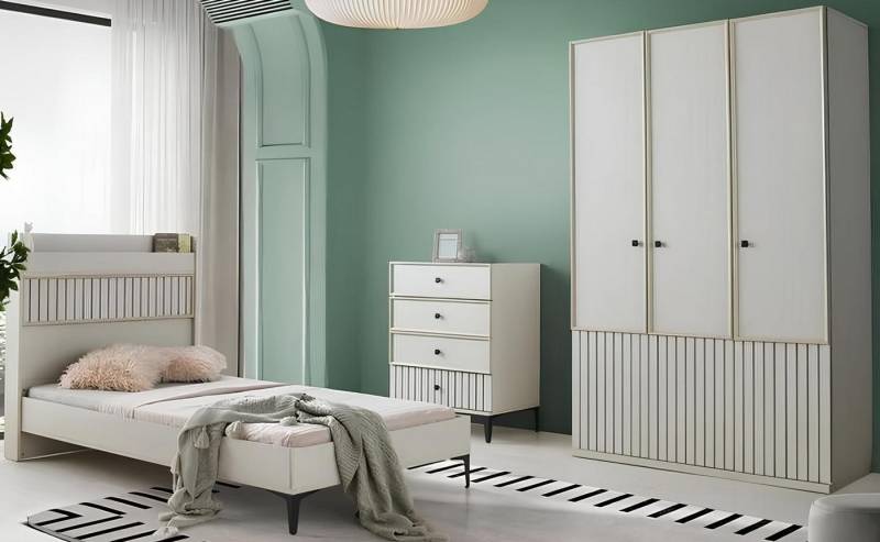 JVmoebel Jugendzimmer-Set Skandinavisches Möbelset 3tlg: Bett, Kleiderschrank, Kommode Beige, (Bett, Kleiderschrank, Kommode), Made in Europe von JVmoebel