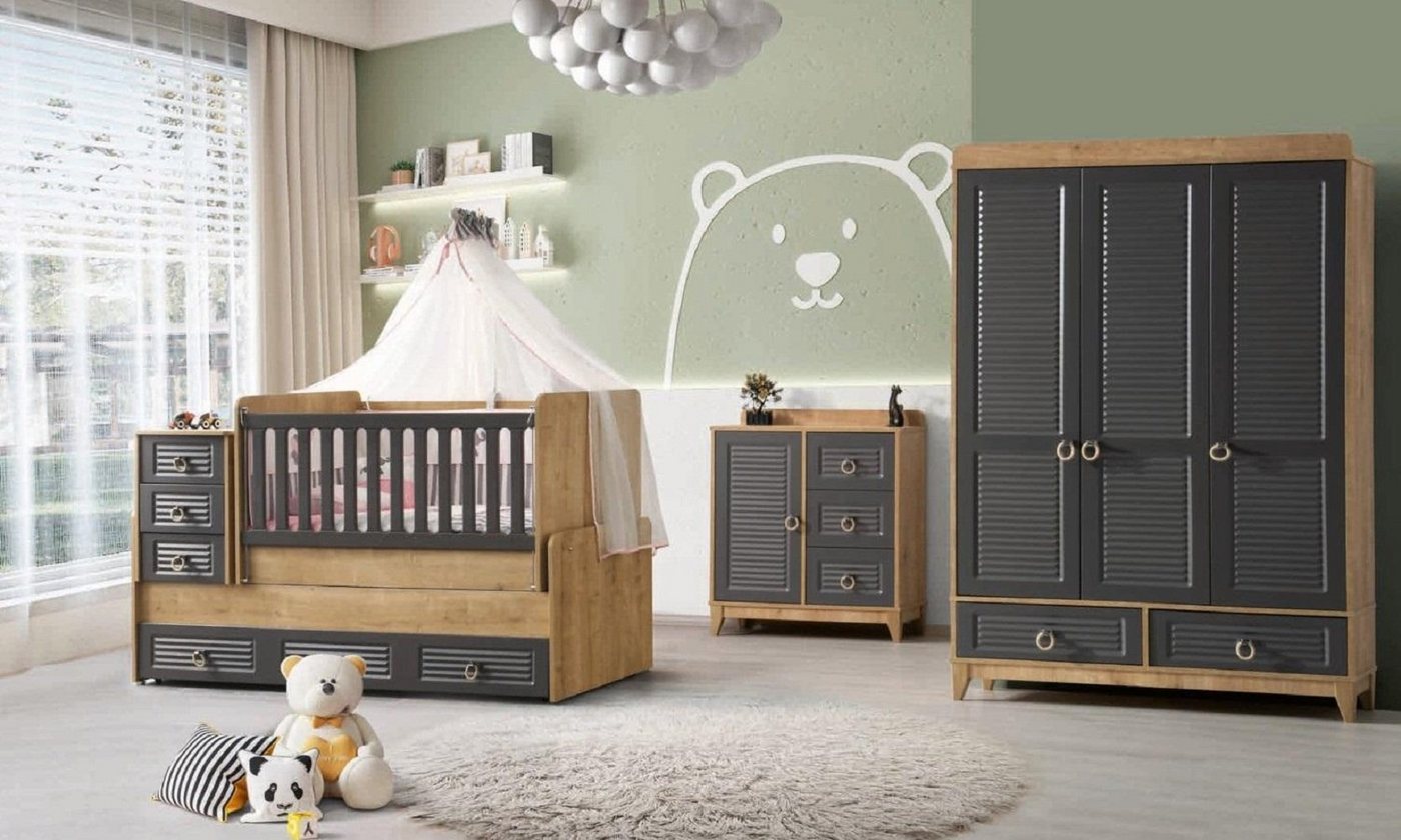 JVmoebel Babymöbel-Set Stilvoll Kinderzimmermöbel Kinderzimmer Kinderbett Grau Holz Set 3tlg, (3-tlg), Made in Europa von JVmoebel