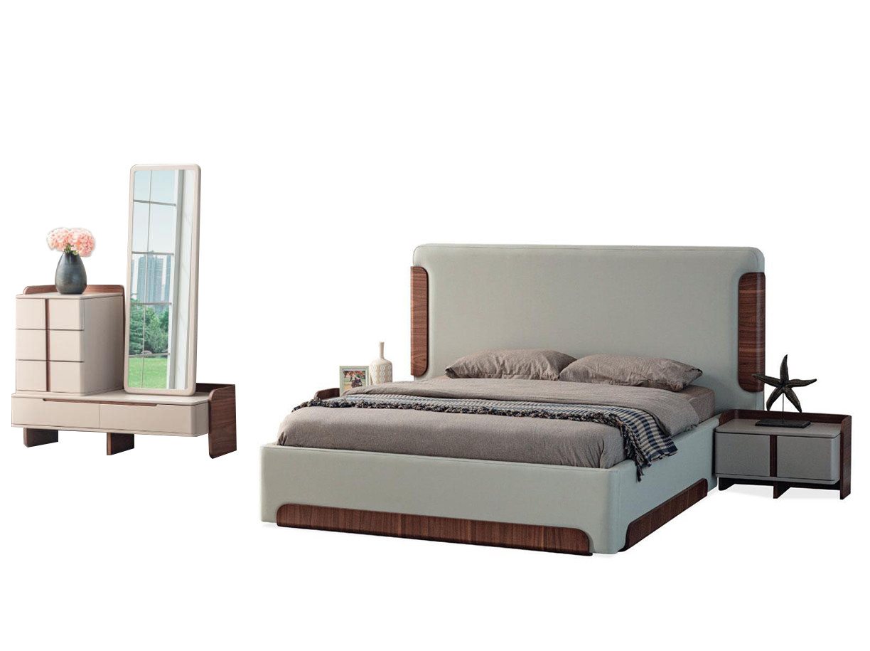 JVmoebel Schlafzimmer-Set Stilvolle Beige Schlafzimmer Möbel Polster Doppelbett Schminktisch, (5-St., Bett/2x Nachttische/Schminktisch/Spiegel), Made in Europa von JVmoebel