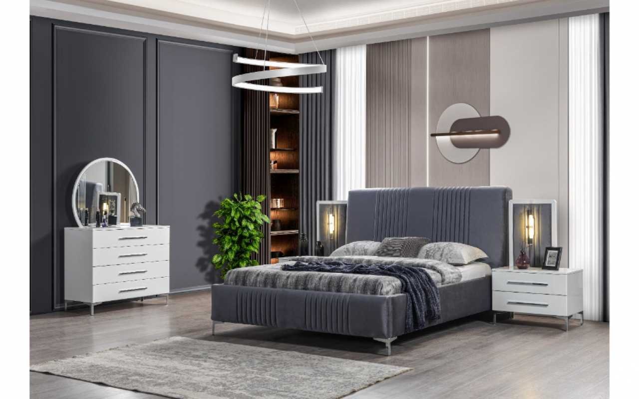 JVmoebel Schlafzimmer-Set Stilvolle Schlafzimmer Set Graues Bett Holz Nachttische 5tlg, (5-St., Nur Bett + 2x Nachttische + Kommode + Spiegel), Made in Europa von JVmoebel