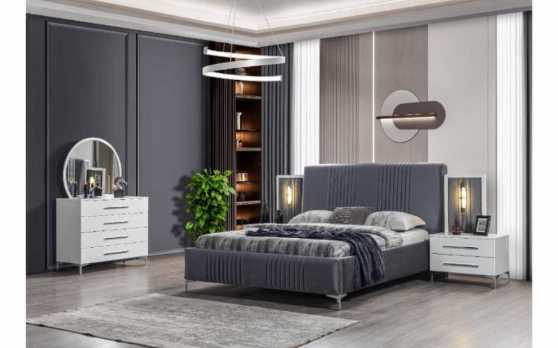 JVmoebel Schlafzimmer-Set Stilvolle Schlafzimmer Set Graues Bett Holz Nachttische 5tlg, (5-tlg., Nur Bett + 2x Nachttische + Kommode + Spiegel), Made in Europa von JVmoebel
