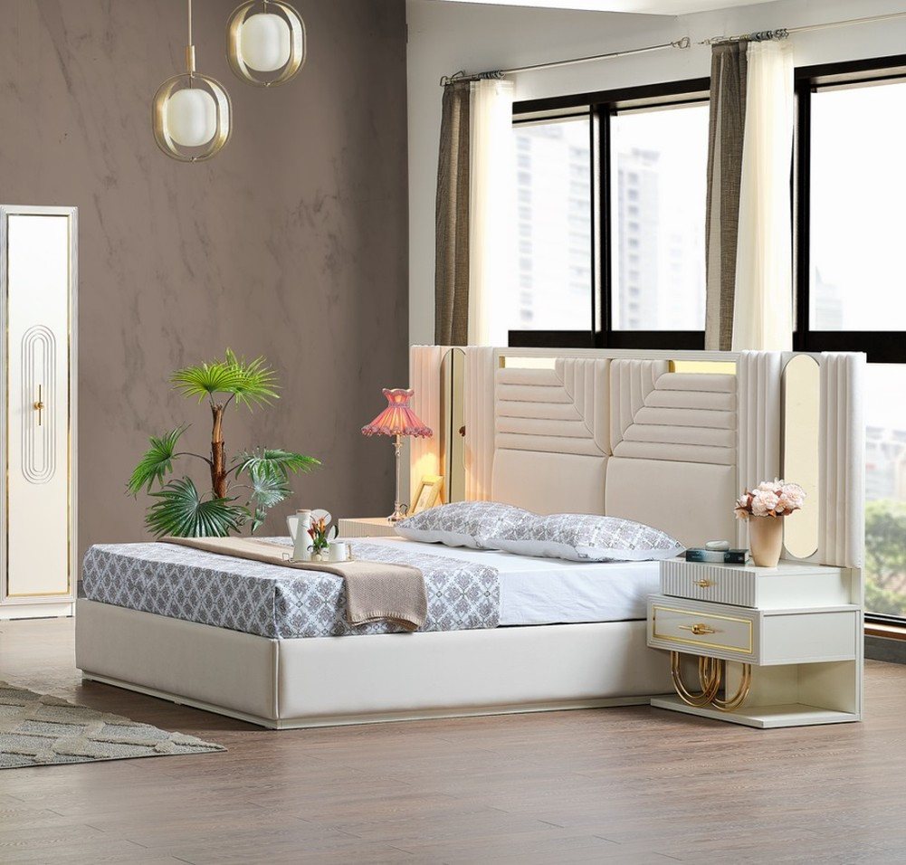 JVmoebel Schlafzimmer-Set Stilvolles Schlafzimmermöbel Set: Bett mit 2 Nachttischen 3-teilig, (3-tlg., 1x Bett + 2x Nachttische), Made in Europa von JVmoebel