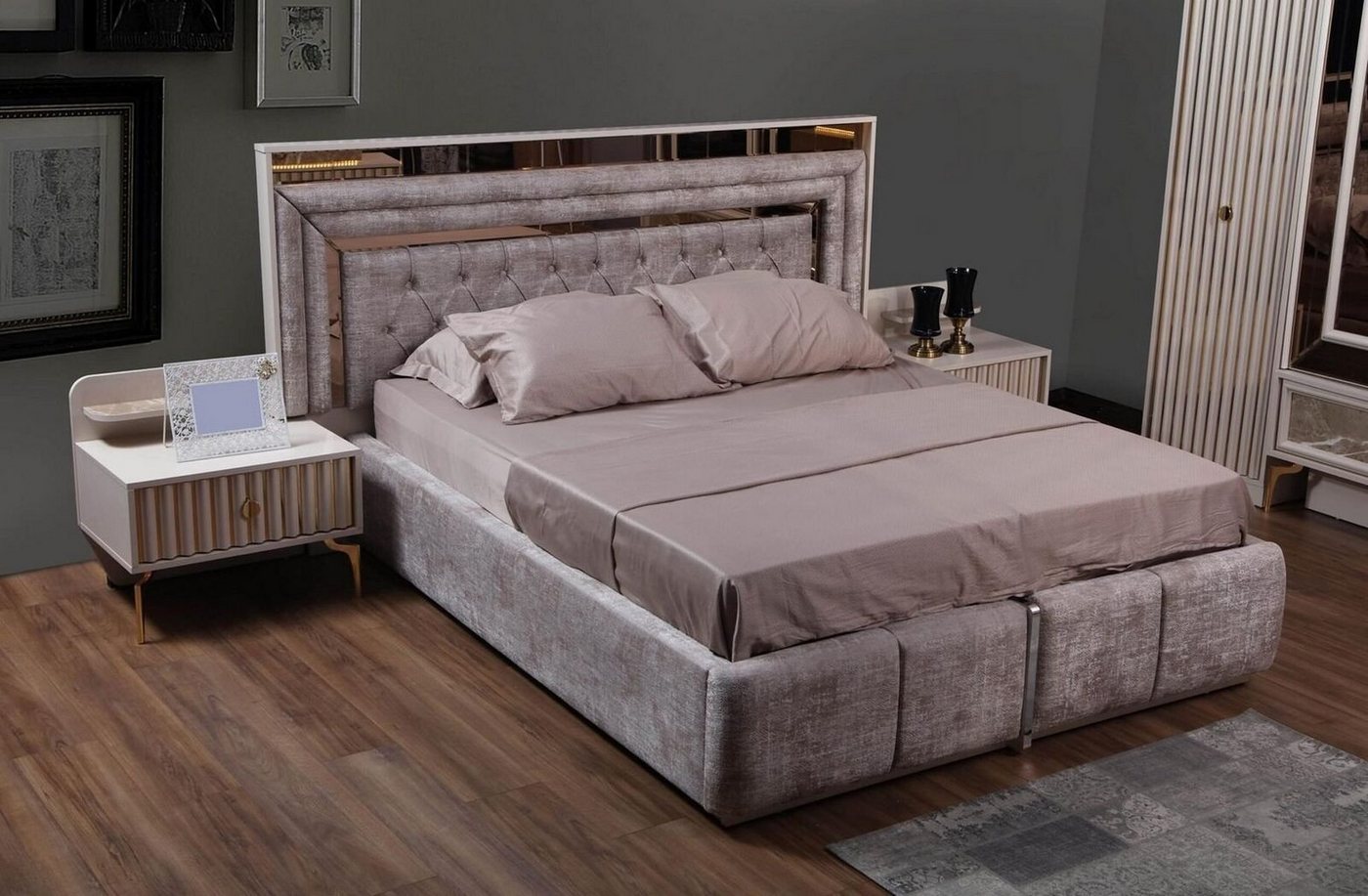 JVmoebel Schlafzimmer-Set Taupes Schlafzimmer Set Designer Möbel Doppelbett Nachttische, (3-St., Bett/2x Nachttische), Made in Europa von JVmoebel