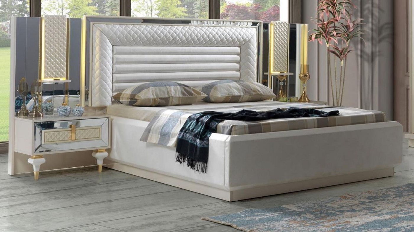 JVmoebel Schlafzimmer-Set Weiß Doppelbett Garnitur Bett Nachttische Luxus Schlafzimmer Set, (3-St., Bett/2x Nachttische), Made in Europa von JVmoebel