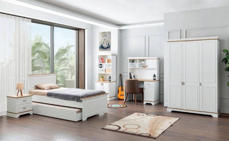 JVmoebel Schlafzimmer-Set Weißes Landhaus Schlafzimmer Set mit Bett, Nachttisch und Schrank, (5-tlg), Made in Europa von JVmoebel