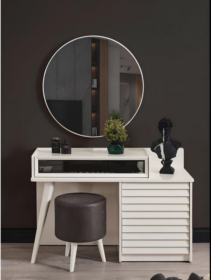 JVmoebel Schminktisch 3-teiliges Set mit Polsterhocker, Rundsessel und Konsole (3-St., Schminktisch mit Spiegel / Hocker), Made in Europa von JVmoebel