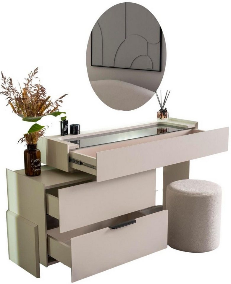 JVmoebel Schminktisch Beige Schlafzimmer Set aus Holz – Gemütlichkeit & Funktionalität (MaßeSchminktisch mit Spiegel, MaßeHocker), Made in Europa von JVmoebel