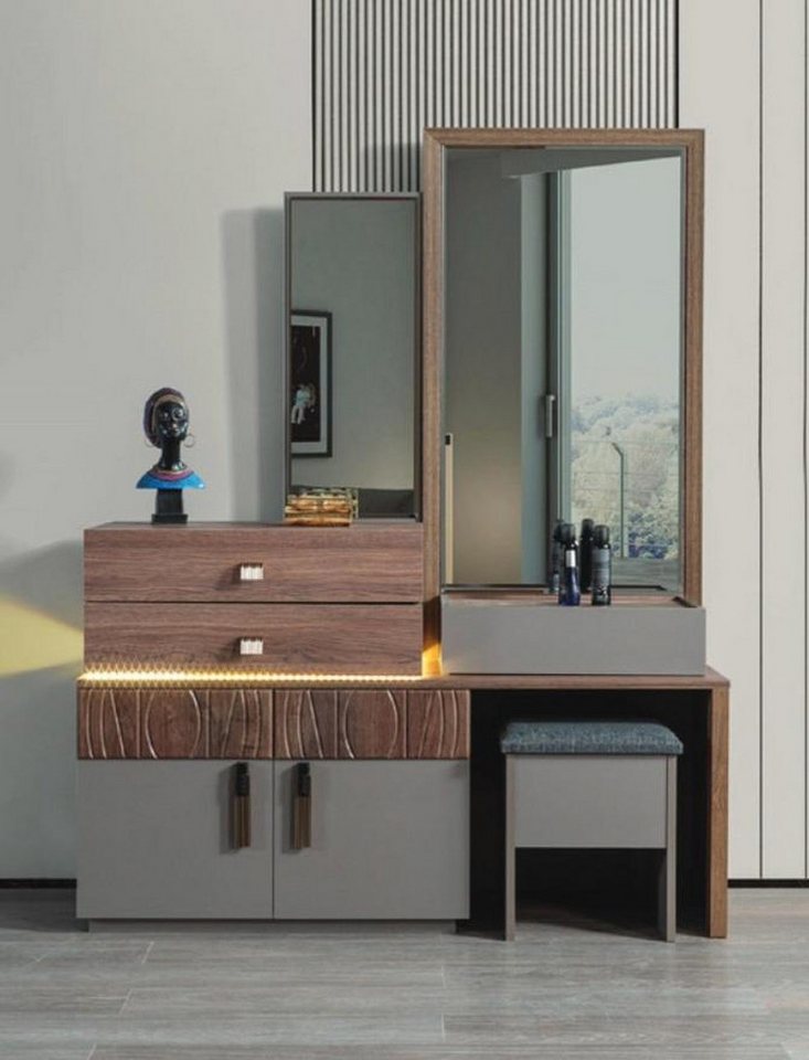 JVmoebel Schminktisch Braun-Graue Kommode mit Spiegel und gepolsterter Sitzbank (2-St., Kommode mit Spiegel/Hocker), Made in Europa von JVmoebel