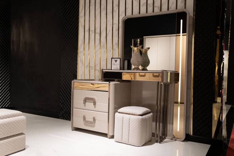 JVmoebel Schminktisch Moderner Beiger Schminktisch mit Spiegel und Sitzpuff aus Holz (MaßeSchminktisch mit Spiegel, MaßePuff), Made in Europe von JVmoebel