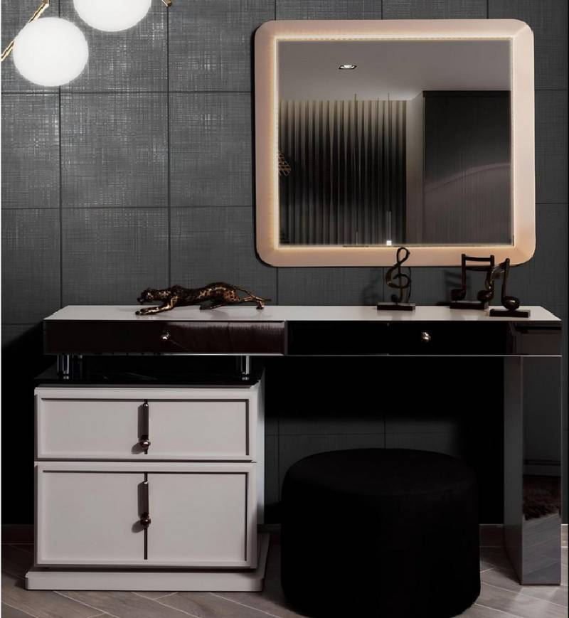 JVmoebel Schminktisch Polsterhocker mit Schminktisch und rechteckigem Spiegel, 3-teilig (3-St., Schminktisch / Spiegel / Hocker), Made in Europa von JVmoebel