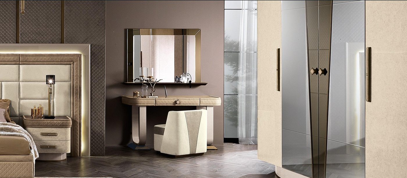 JVmoebel Schminktisch Schlafzimmer Hocker Set Kommode Tisch Konsole Spiegel Beige (3-St), Made in Europa von JVmoebel