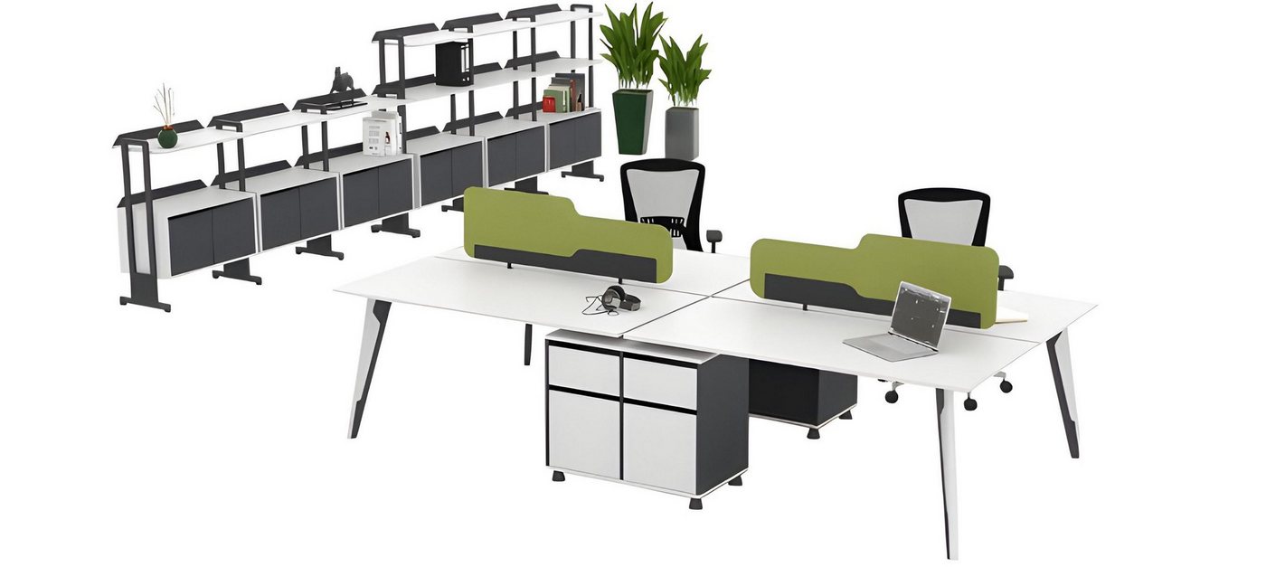 JVmoebel Schreibtisch Doppelarbeitsplatz Arbeitstisch Büroschranke Kommode Holz Metall Weiß (2x Doppelarbeitsplatze, 2x Büroschranke, Büroschrank), Made in Europe von JVmoebel