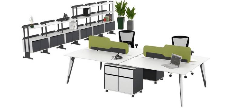 JVmoebel Schreibtisch Doppelarbeitsplatz Arbeitstisch Büroschranke Kommode Holz Metall Weiß (2x Doppelarbeitsplatze, 2x Büroschranke, Büroschrank), Made in Europe von JVmoebel