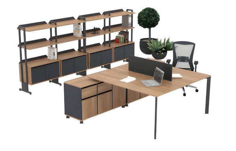 JVmoebel Schreibtisch Doppelarbeitsplatz Büroschrank Kommoden Set aus Holz in Beige (Doppelarbeitsplatz, Büroschrank, 2x Kommoden), Made in Europe von JVmoebel