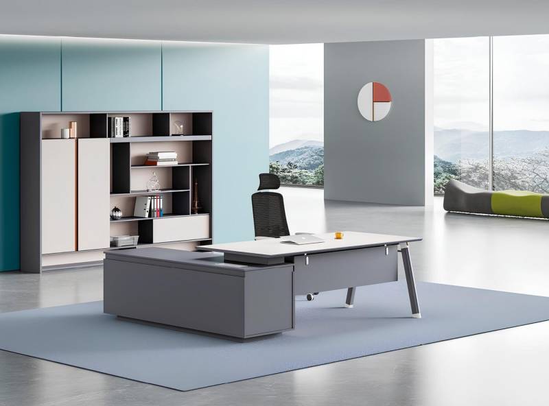 JVmoebel Eckschreibtisch Grau-Weißer Chef Tisch Designer Eckschreibtisch Robuste Holz Büro (Arbeitstisch), Made in Europa von JVmoebel