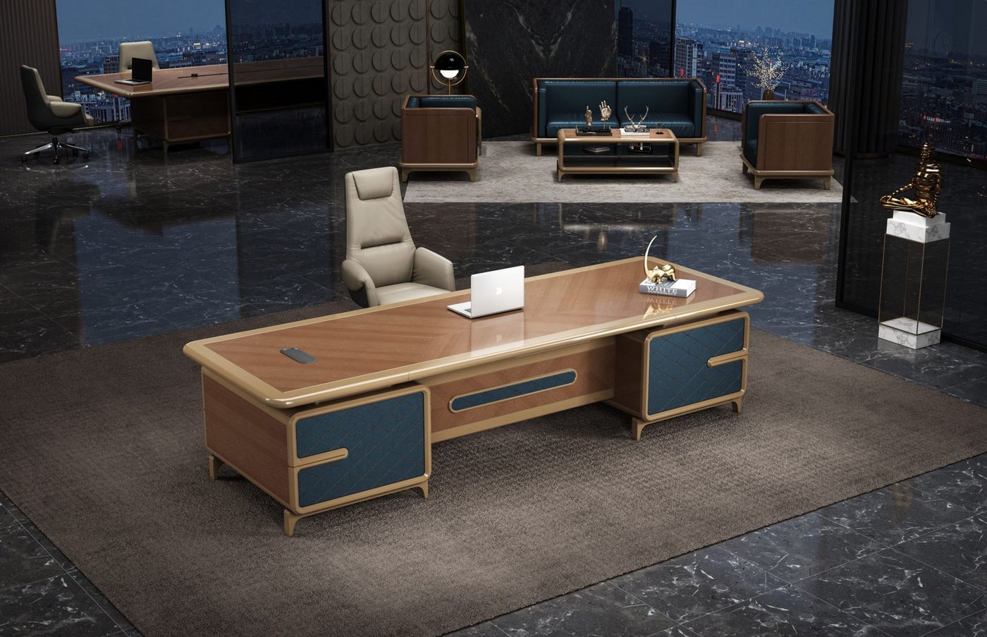 JVmoebel Schreibtisch Moderner Schreibtisch Braun mit blauen Akzenten JVmoebel Schreibtisch Moderner Schreibtisch Braun mit blauen Akzenten von JVmoebel