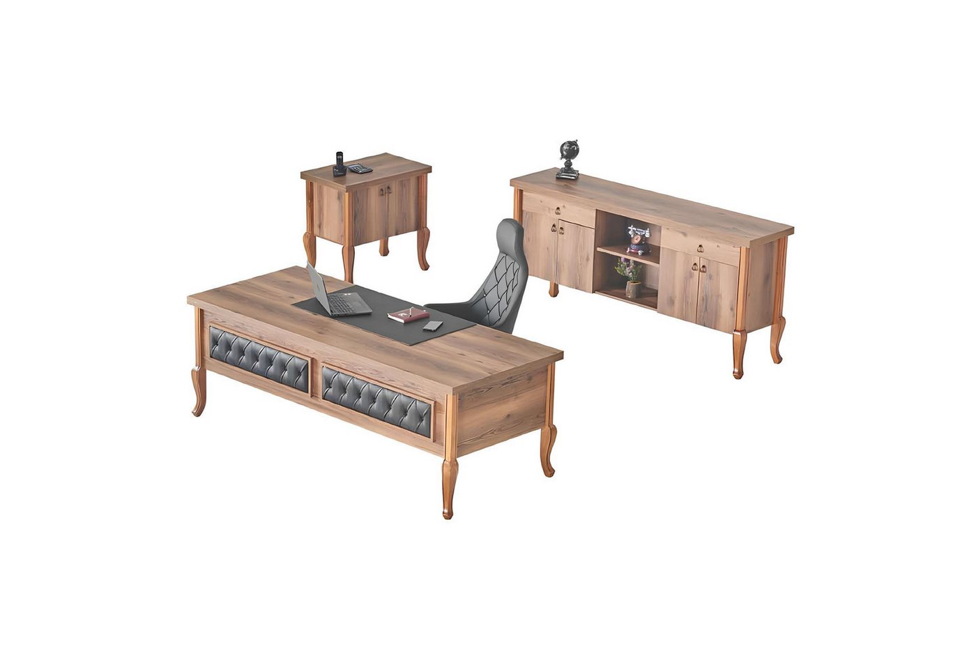 JVmoebel Schreibtisch Cheffsessel Sideboard Kommode Büroeinrichtung Braun Modern (Arbeitszimmer-Set 4tlg (Bürotisch + Chefsessel + Sideboard + Kommode), Made in Europa von JVmoebel