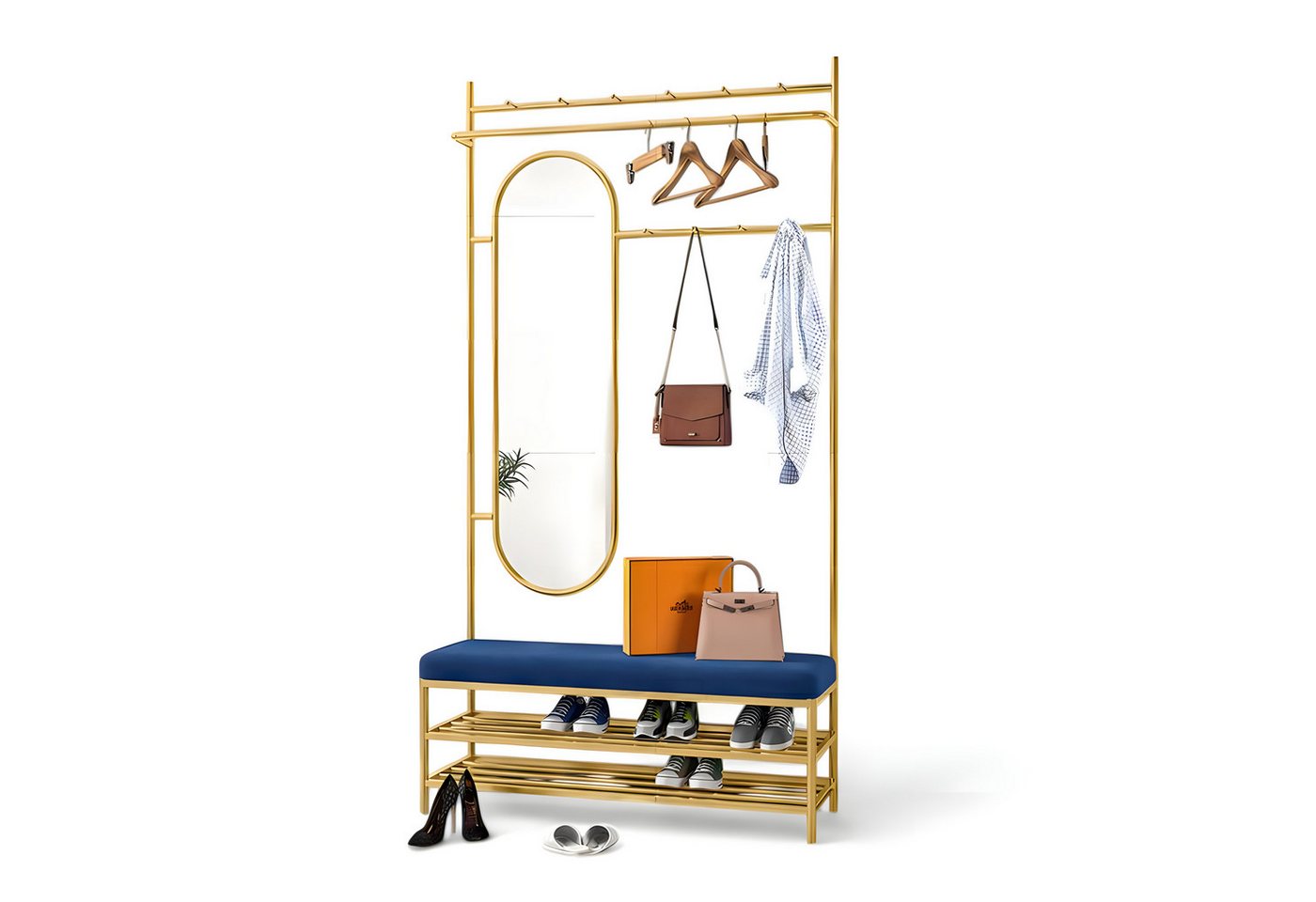JVmoebel Schuhbank Kleiderständer mit Bank, Spiegel & Schuhregal in Blau mit Gold, Made in Europe JVmoebel Schuhbank Kleiderständer mit Bank, Spiegel & Schuhregal in Blau mit Gold, Made in Europe von JVmoebel