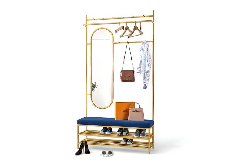 JVmoebel Schuhbank Kleiderständer mit Bank, Spiegel & Schuhregal in Blau mit Gold, Made in Europe von JVmoebel