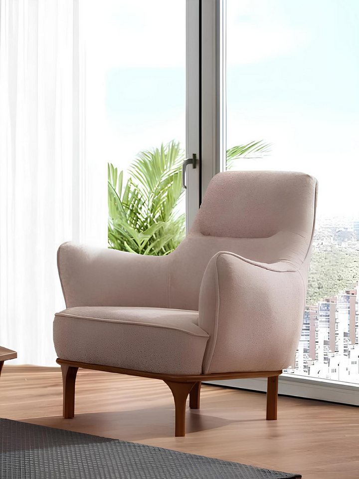 JVmoebel Sessel Beiger Designer Ohrensessel - Moderner Cocktailsessel Holzstuhl (1-St., 1x nur Sessel), Made in Europa von JVmoebel
