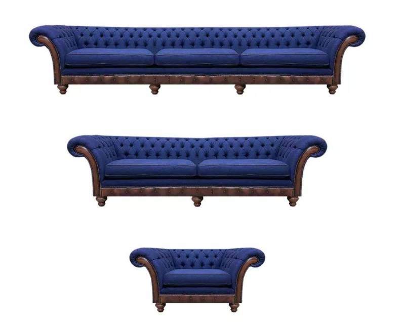 JVmoebel Chesterfield-Sofa Designer Chesterfield Couchgarnitur Edler Blauer Dreisitzer Sessel, Made in Europa von JVmoebel
