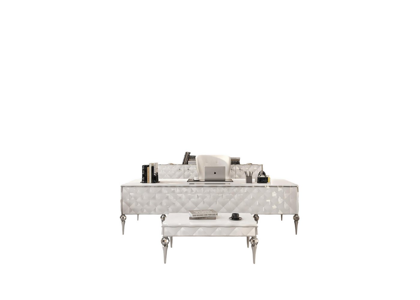 JVmoebel Sessel Elegantes Arbeitszimmer-Set mit weißen Holz-Textil Möbeln (2-St., 2x Sessel, Schreibtisch, Konsole, Sideboard, Couchtisch), Made in Europe von JVmoebel