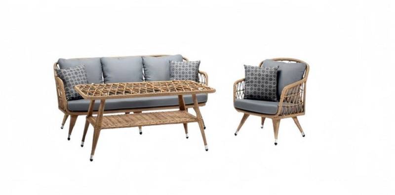 JVmoebel Gartenlounge-Set Gartenmöbel Grau Sofagarnitur Sessel Veranda Sitzgruppen Couchtisch, (3-tlg., 3tlg Set(Sofa 3 Sitzer+Sessel+Couchtisch), Made in Europa von JVmoebel