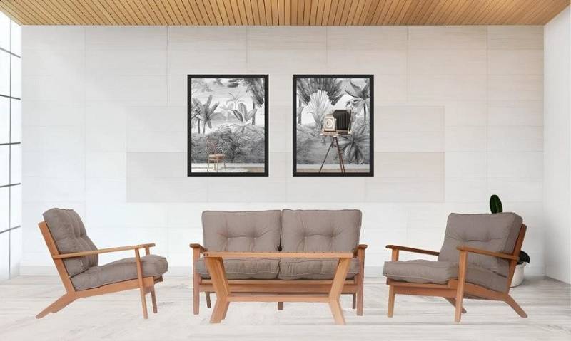 JVmoebel Gartenlounge-Set Gartenmöbel Sitzgruppe Sofa Holz Sitzer Grau Couchtisch Set 4tlg, (4-tlg., Set 4tlg (Sofa + 2x Sessel + Couchtisch), Made in Europa von JVmoebel