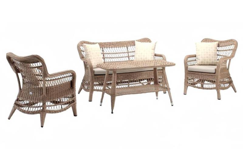 JVmoebel Sitzgruppe Moderne Beige Gartenmöbel Luxus Sofagarnitur Tisch Hocker Sessel, (4tlg Set(Sofa 2 Sitzer+2x Sessel+Couchtisch), Made in Europa von JVmoebel