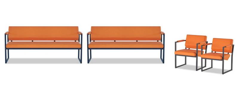 JVmoebel Polstergarnitur Orange-Schwarze Arbeitszimmer Sitzmöbel Kunstleder Bänke 2x Lehnsessel, (Arbeitszimmer-Set 4tlg (2x 3-Sitzer + 2x Sessel), Made in Europa von JVmoebel
