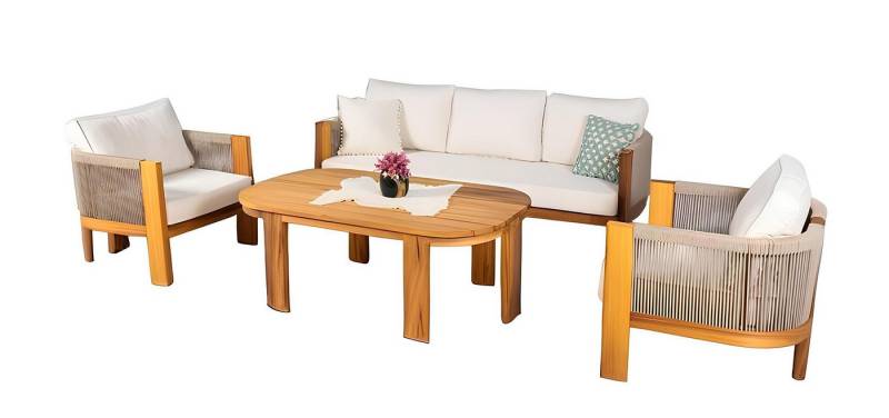 JVmoebel Gartenlounge-Set Sitzgruppe Sofa Couchtisch Sessel 4tlg. Set Gartenmöbel Terrasse Beige, (4tlg. Gartenmöbel Set (Sofa 3 Sitzer + 2x Sessel + Couchtisch), Made in Europa von JVmoebel