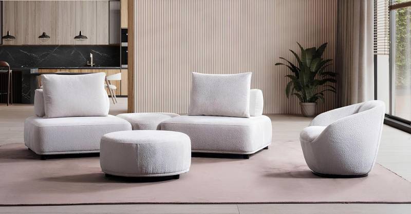 JVmoebel Wohnzimmer-Set Weiß Wohnzimmer Designer Garnitur Zweisitzer Polster Sessel Ottomane, (3 tlg.WOHNZIMMER SET (3 SITZER SOFA + Sessel + OTTOMANE), Made in Europa von JVmoebel