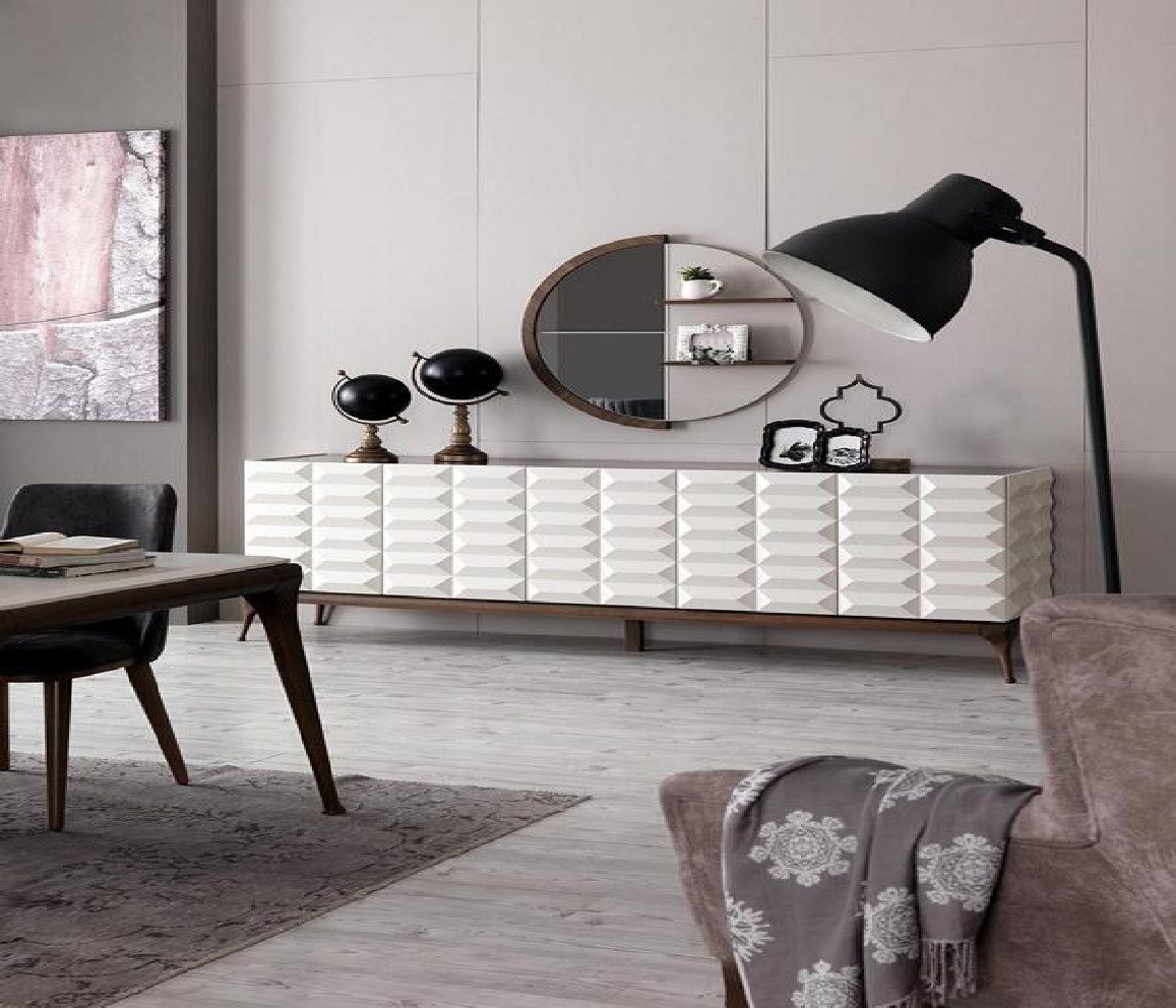 JVmoebel Sideboard Designer Sideboard Hochglanz Spiegel Mit Regalen Kommode Schrank Weiß (Sideboard + Spiegel), Made in Europa von JVmoebel