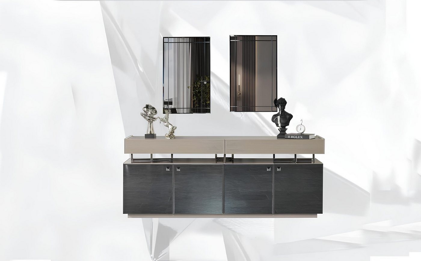 JVmoebel Sideboard Elegante graue Kommode mit Spiegel und passendem Schrank (3 St., Sideboard, 2x Spiegel), Made in Europa von JVmoebel