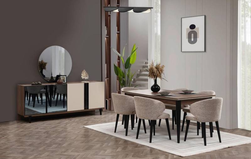 JVmoebel Esszimmer-Set Essecke Essgruppe Esszimmer Esstisch Stühle Sideboard Set 8tlg Braun, (Set 8tlg Esszimmer (Esstisch + 6xStühle + Sideboard), Made in Europa von JVmoebel