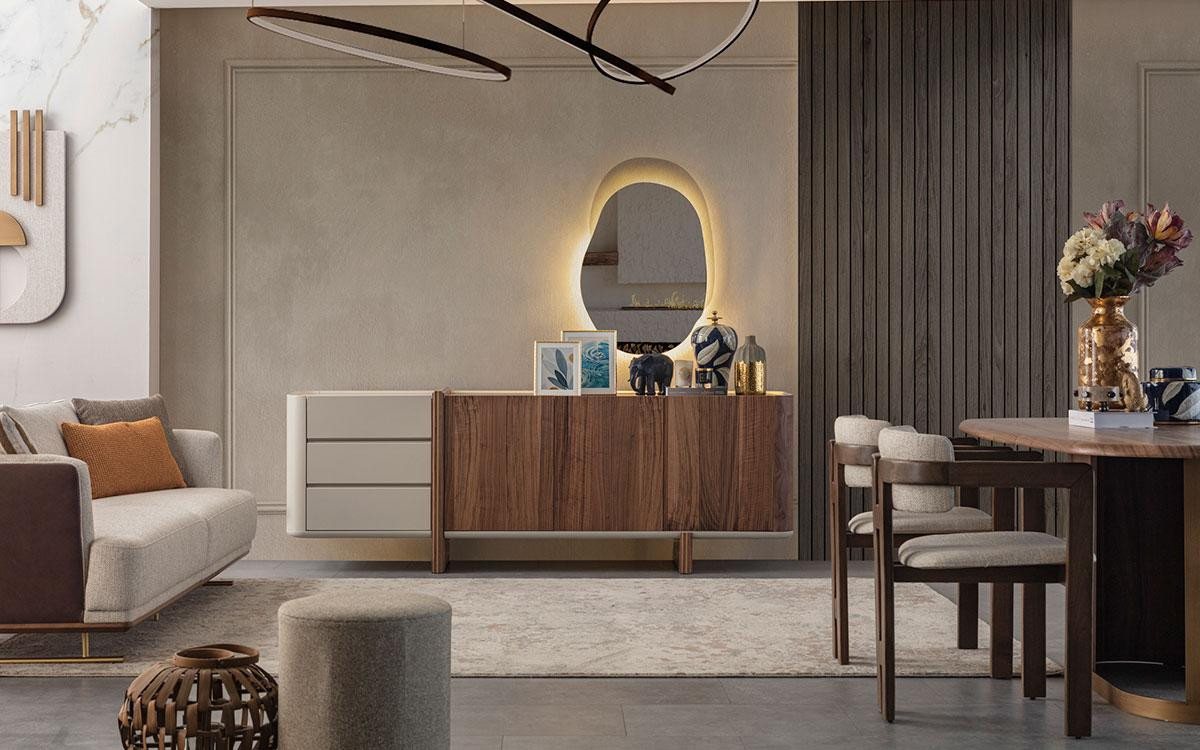 JVmoebel Sideboard Hochglanz Holzkommode - Luxuriöses Sideboard für stilvolles Wohnen (Sideboard Mit Spiegel), Made in Europa von JVmoebel