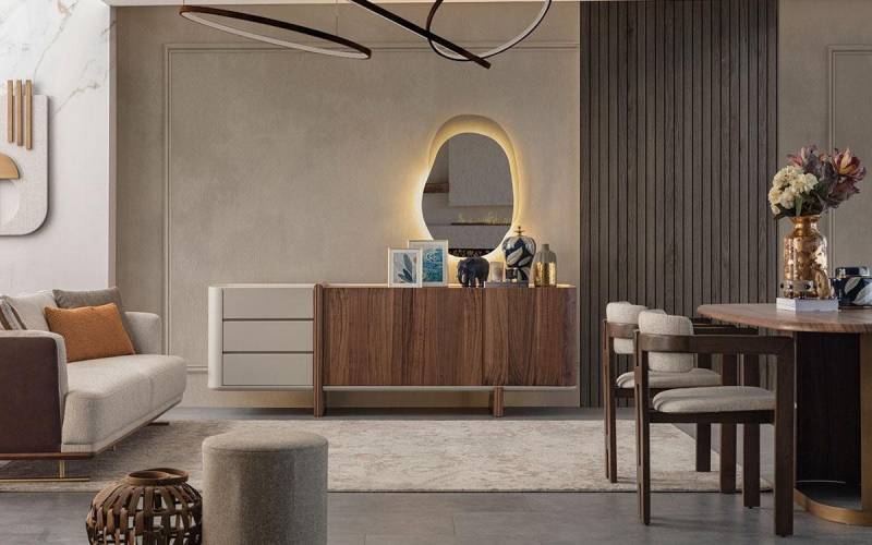 JVmoebel Sideboard Hochglanz Holzkommode - Luxuriöses Sideboard für stilvolles Wohnen (Sideboard Mit Spiegel), Made in Europa von JVmoebel