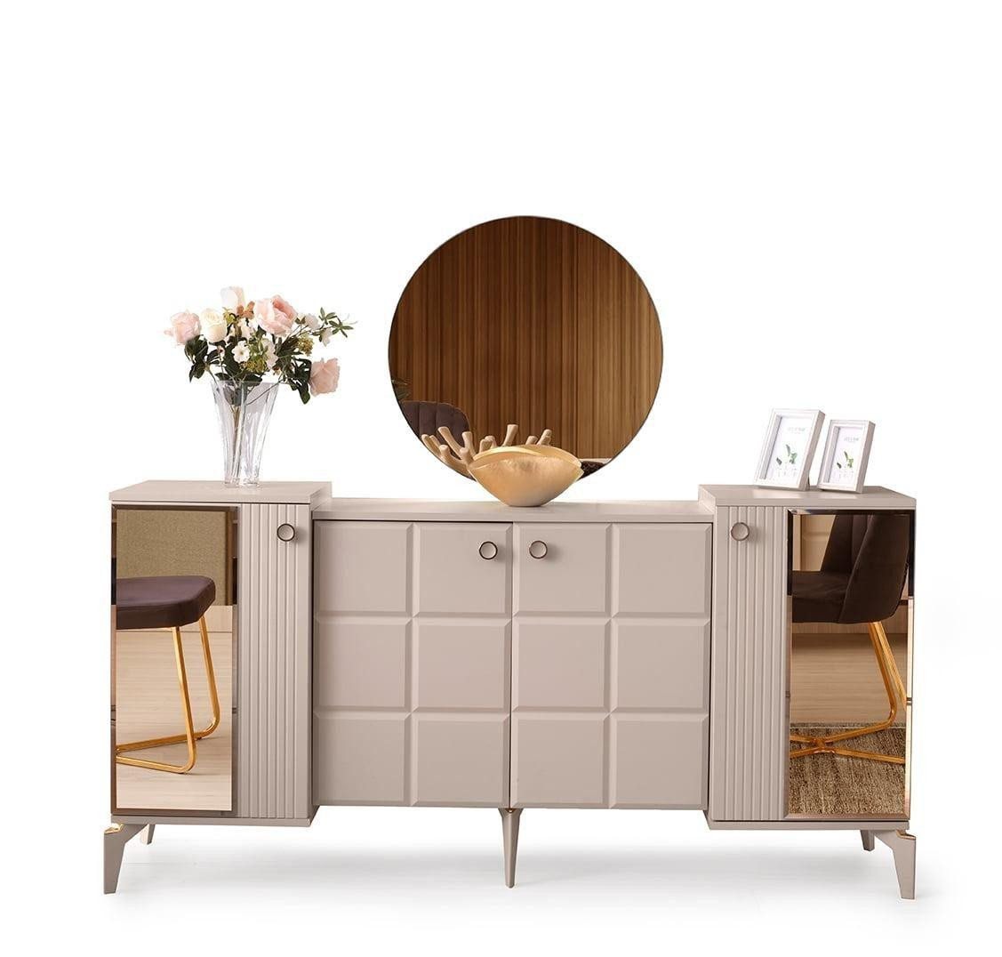 JVmoebel Sideboard Anrichte Esszimmer Beige Modern Rechteckig Mit Spiegel Hochglanz (2 St., Sideboard mit Spiegel), Made in Europa von JVmoebel