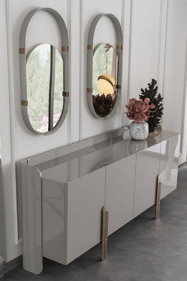 JVmoebel Sideboard Anrichte mit Designer Spiegele Oval Hochglanz Edelstahl Möbel (3 St., Sideboard + 2x Spiegele), Made in Europa von JVmoebel