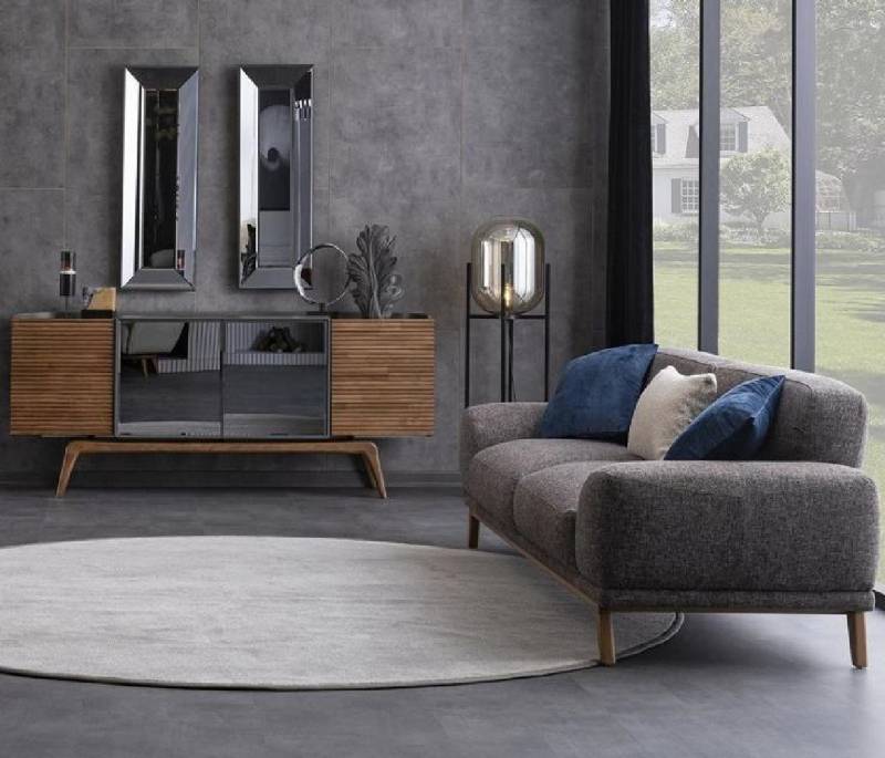 JVmoebel Polstergarnitur Sofa 3 Sitzer Sideboard Verspiegelt 2x Spiegele Couch Schrank, (4-tlg., 4tlg. Wohnzimmer Set(Sofa 3 Sitzer + Sideboard + 2x Spiegele), Made in Europa von JVmoebel