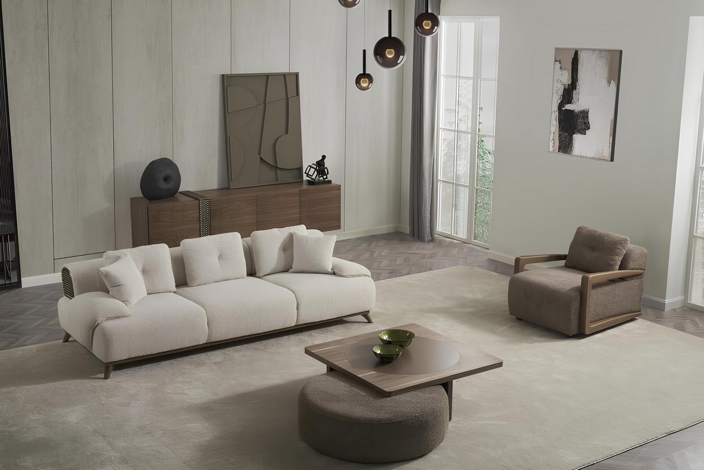JVmoebel Wohnzimmer-Set Wohnzimmer-set Sofa 4-sitzer + Sessel + Couchtisch + Hocker + Anrichte, (Wohnzimmer-set Sofa 4-sitzer + Sessel + Couchtisch + Hocker + Anrichte), Made in Europa von JVmoebel