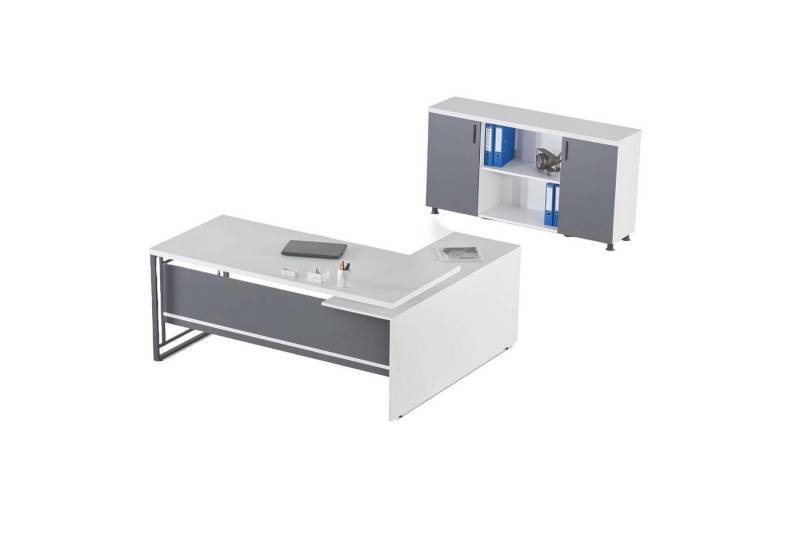 JVmoebel Büromöbel-Set Weiß-Graue Arbeitszimemr Möbel Designer Schreibtisch Holz Sideboard, (Arbeitszimmer-Set 2tlg (Bürotisch + Sideboard), Made in Europa von JVmoebel